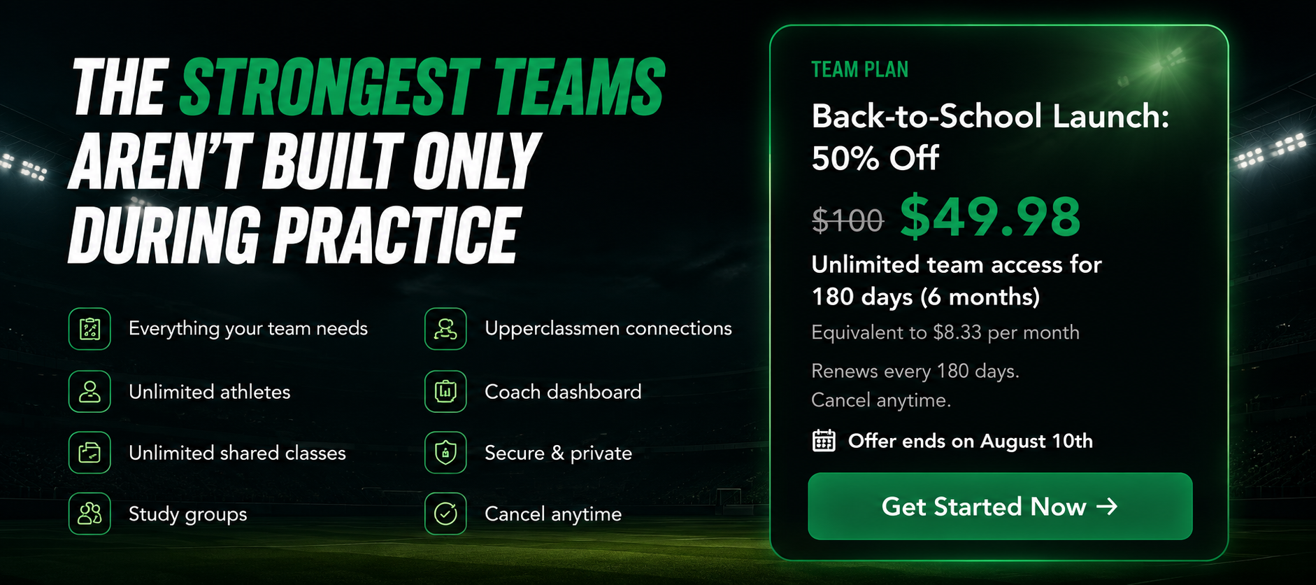 Team Plan pricing: strongest teams built beyond practice, team features, Back-to-School Launch 50% off at $49.98 for six months of unlimited team access.