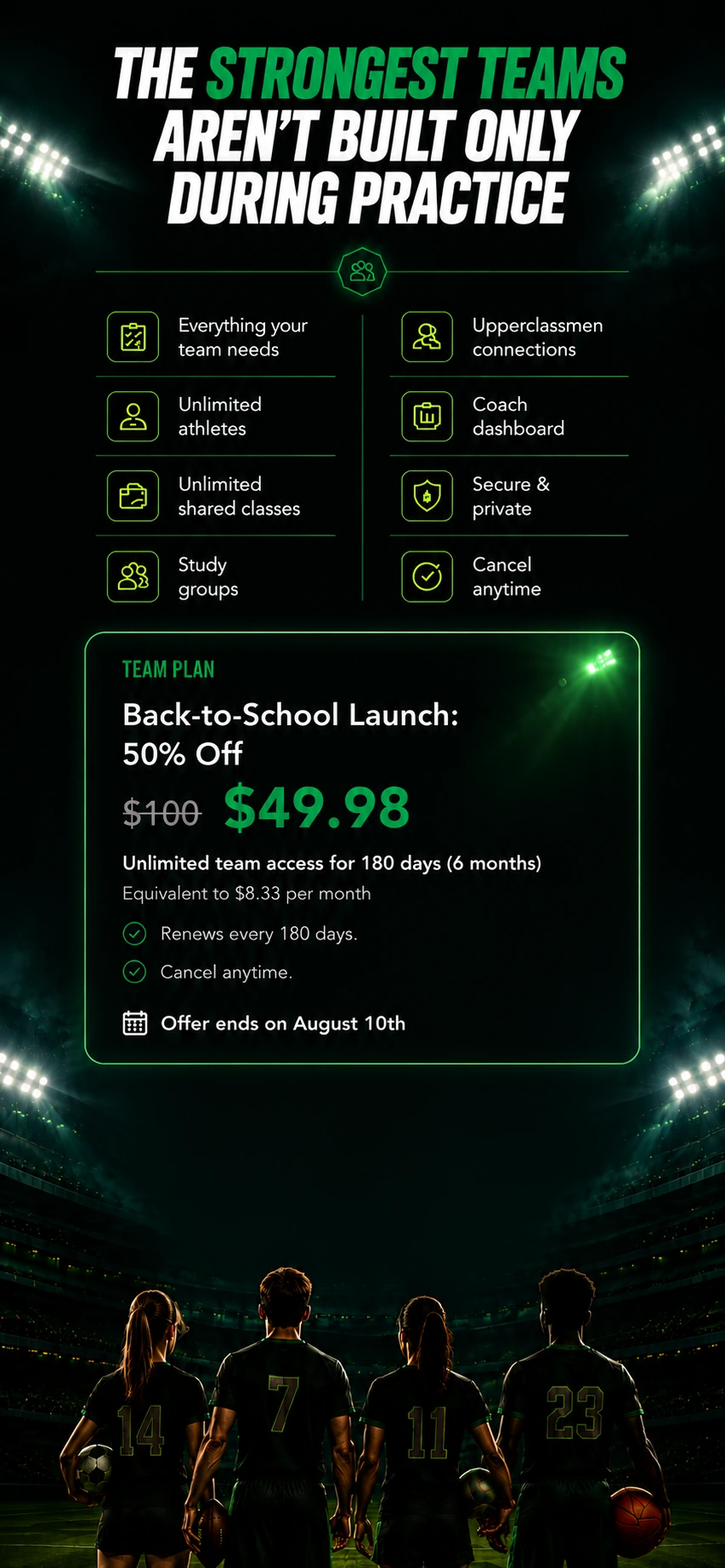 Team Plan pricing: strongest teams built beyond practice, team features, Back-to-School Launch 50% off at $49.98 for six months of unlimited team access.