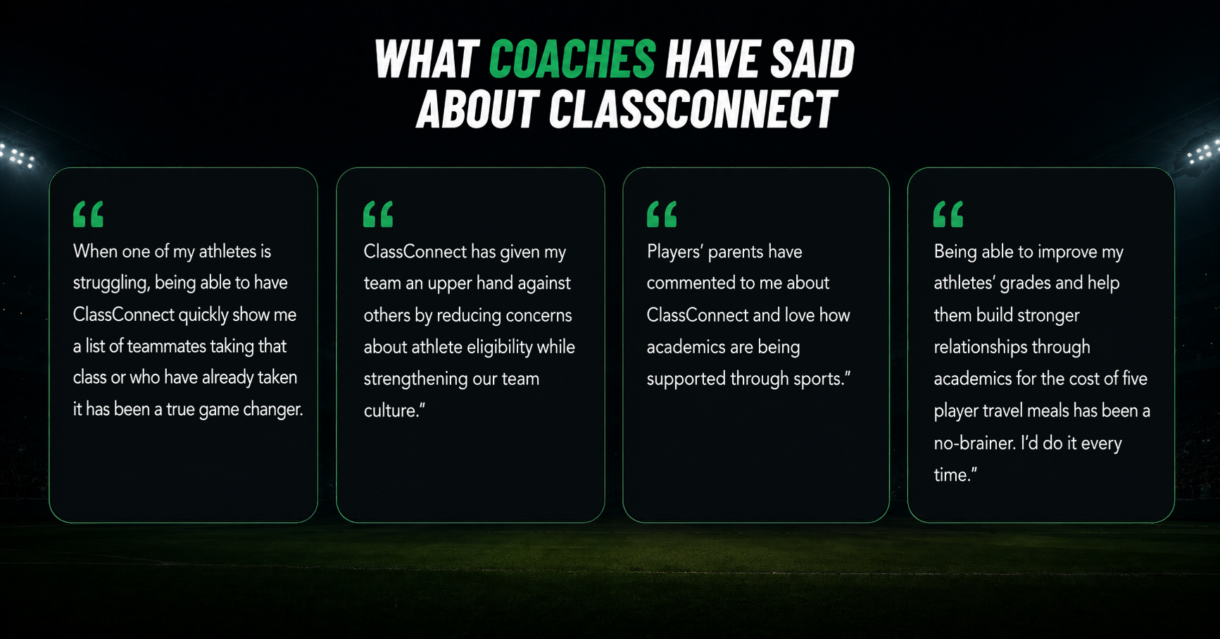 What coaches have said about ClassConnect: four coach testimonials about academic support, eligibility, parent feedback, and team value.